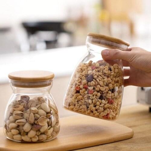 650ml 1000ml Glass Storage Jars Bamboo Lid Sealed Container Kitchen Grains Dried Fruit Spice Sugar Organizer Tank