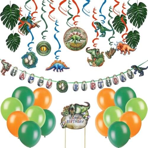 Jurassic Park Dinosaur Theme Birthday Party Decoration Set Happy Birthday Banner Cake Topper Hanging Swirl Decor Latex Balloons