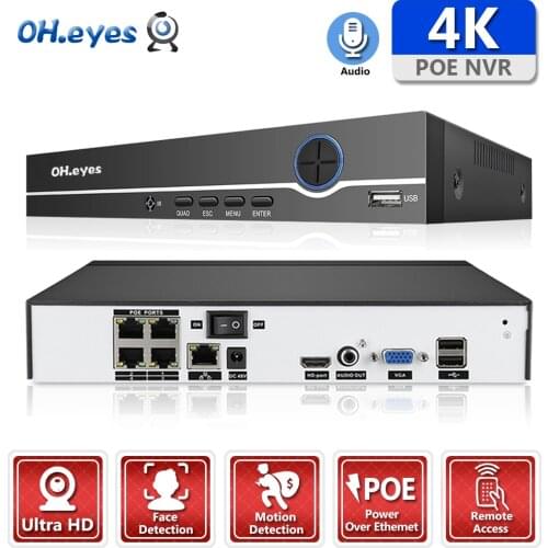 OH.eyes 4K 4CH POE NVR ONVIF H.265 Audio Out Surveillance Security Video Recorder for POE IP Camera (1080P/4MP/5MP/8MP/4K)