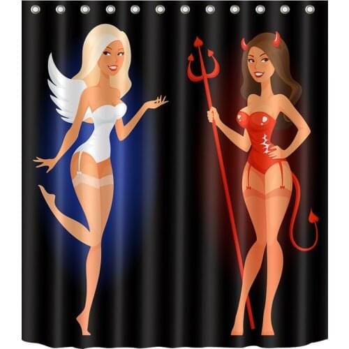 72'' Angel And Devil Halloween Theme Customized Bathroom Waterproof Fabric Shower Curtain Polyester 12 Hooks Bath Accessory Set