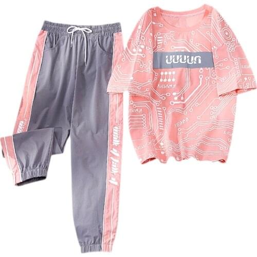 2021 Summer Women Jogging Sets Casual Sports Suits Fashion Print Loose Short Sleeve T-shirt And Nine-tenth Pants Two Piece Set