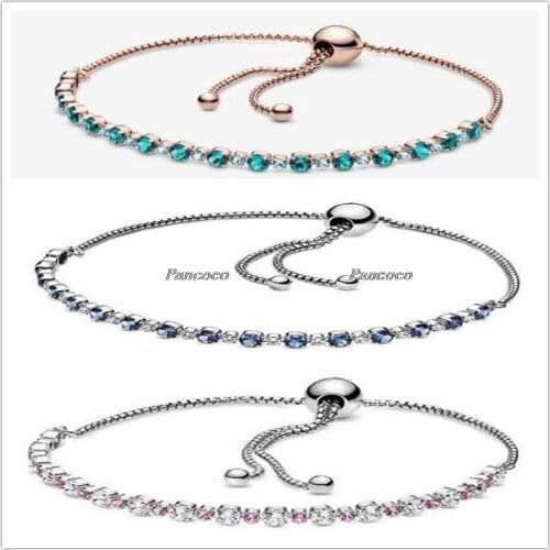 925 Sterling Silver Bracelet Turquoise Sparkling Slider Tennis Blue Stones Bracelet For Women Diy Fashion Jewelry