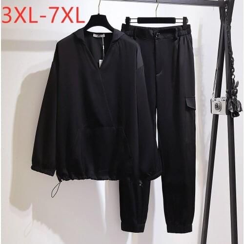 New ladies spring autumn plus size women loose casual long sleeve black hoodie and long pants two piece sets 3XL 4XL 5XL 6XL 7XL