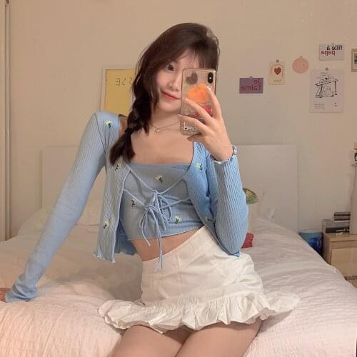 Knitting Cardigans + Vest Two-piece Set Women Cropped Shirt Long Sleeve Knitted Shirts Suit 2020 Summer Sweet Korean Ladies Tops