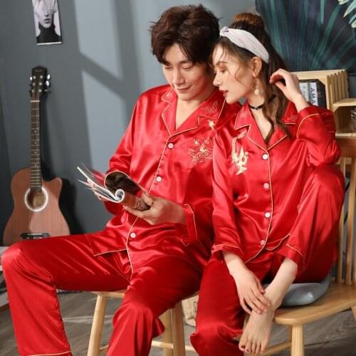 Autumn Couples Wedding Ice Silk Plus-Size Long Sleeved Pants Pajamas Suit Thin Red Embroidered Dragon and Phoenix Home Dress