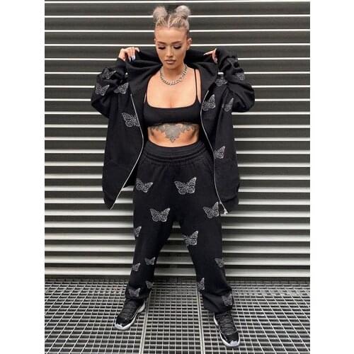 2021 Autumn Winter Women Rhinestone Butterfly Printed Zipped Hooded Sweatshirt Coat Pants Set Casual Loose Tracksuits Female