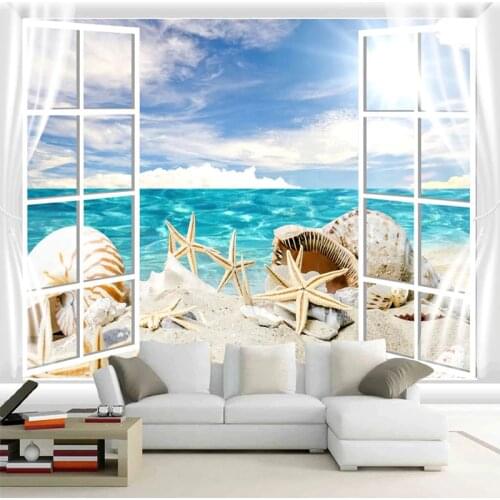 Custom Wallpaper 3D Blue Sea Conch Starfish Window Curtain Murals Living Room Bathroom Self-Adhesive Waterproof 3D Wall Stickers