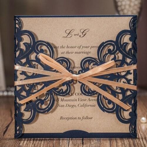 50pcs Classic Navy Blue Laser Cut Wedding Invitation Cards With Hollow Flower Gold Ribbon for Marriage Birthday Party CW6175B