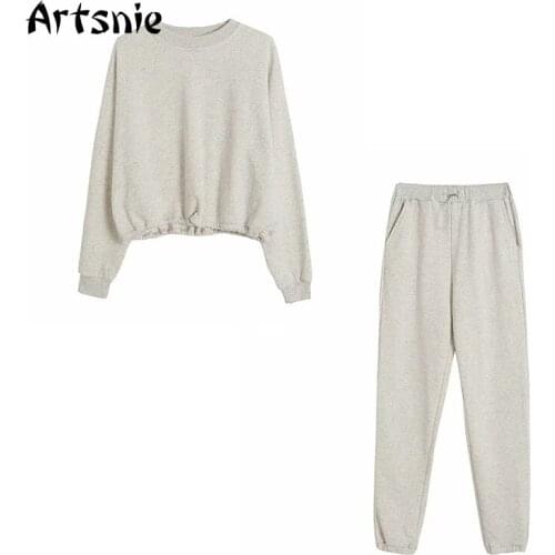 Artsnie Spring 2021 Gray Casual Two Piece Set Women O Neck Sweatshirt Sweatpants Tracksuits Outfits Knitted Ladies Two Piece Set