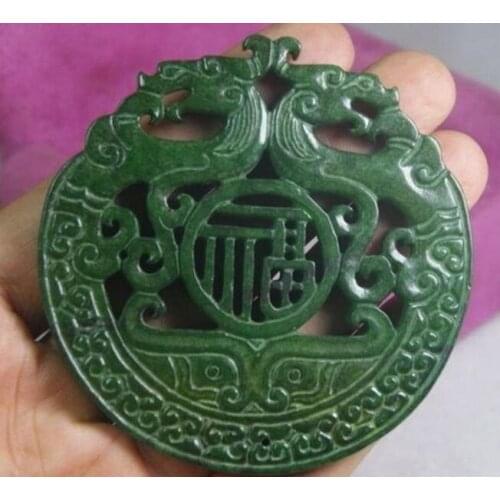 BOUTIQUE JEWELRYCHINESE OLD HANDWORK GREEN JADE CARVED FU AND DRAGON PENDANT