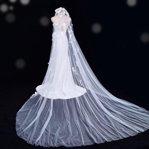 ZMV52 3M Cathedral Long Wedding Veil with Flowers White Ivory Veil for Bride Marriage Tulle with Pearls for Women Wedding