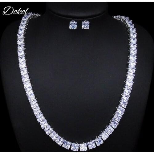 DOKOL Sparkling Square Cubic Zirconia Earrings and Necklaces Sets Silver Color Bridal Jewelry Sets For Wedding DKS0014
