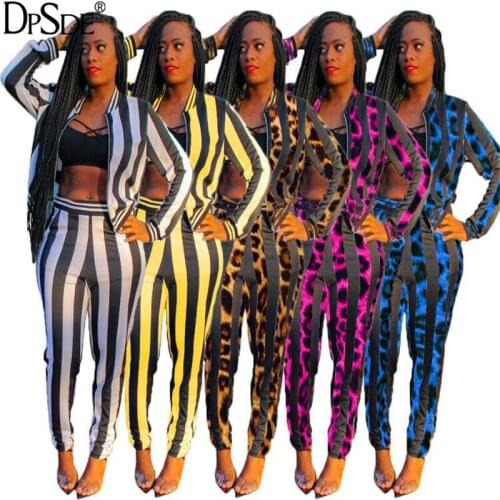 DPSDE Leopard Grain Fashion Two Pieces Women Set Autumn Full Sleeve Casual Yellow Top 2020 Stripe Long Keep Warm Bodycon Pants