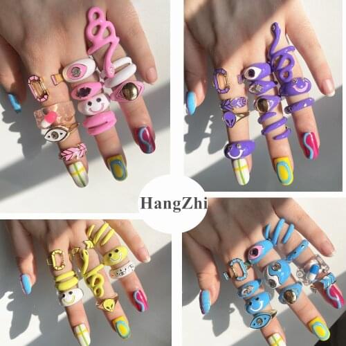 HangZhi 2021 New Pink Blue Glazed Colorful Smiley Snake Alien Evil Eyes Geometric Punk Y2K Ring for Women Girls Party Jewelry