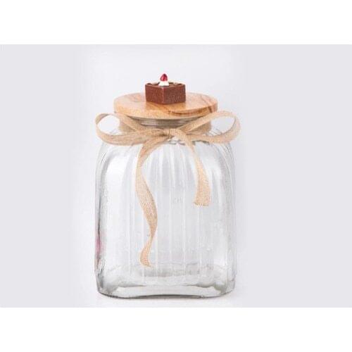 Zücev Jar 16x25 cm Wood Cover Single Vertical Stripe Glass Jar
