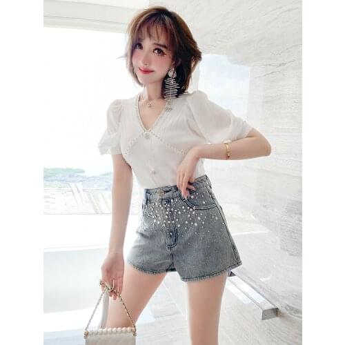 Set auger hubble-bubble sleeve knit backing + high waist jeans shorts suits summer new female