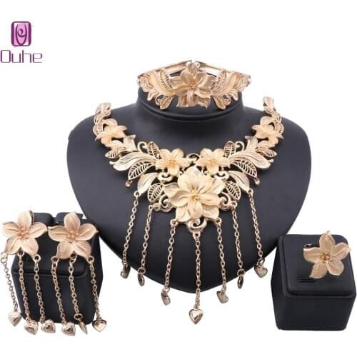 Dubai Gold Color Bridal Flower Jewelry Sets Fashion African Beads Jewelry set Big Nigeria Wedding Necklace Earring Ring Bangle