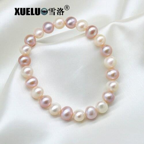 XUELUO 7-8mm Stretch Potato Round Natural Cultured Freshwater Pearl Bracelet for gift