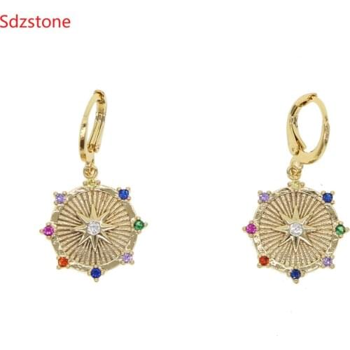 2019 New Girls Dangle Gold Color Pave Cz 16mm Sunburst Northstar Earring Christmas Gift Tiny Colorful Stone Earring