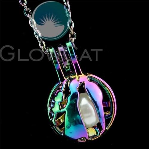 R-C834 Rainbow Colors Lover Kiss Wedding Beads Cage Pendant Essential Oil Diffuser Pearl Cage Locket Necklace