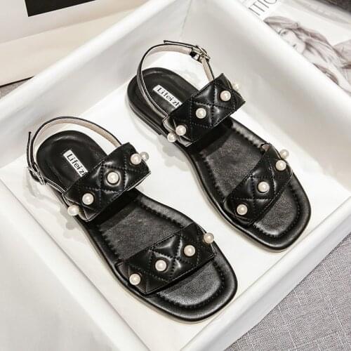 Fairy Beads gladiator sandals women summer beach shoes woman slippers flat square toe pearl buckle strap sandalias big size42/43