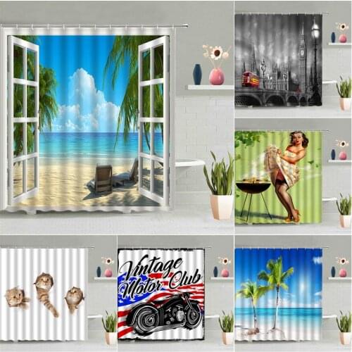 Bath Yellow Duck Shower Curtain Cartoon Animal Sea Wave Scenic Children Bathroom Wall Hanging Curtains Waterproof Screen Decor