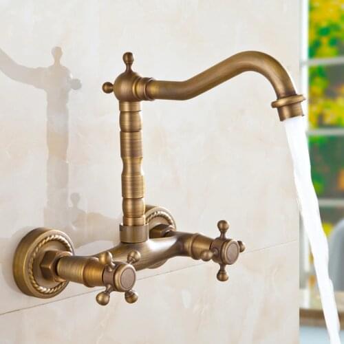 Bathtub Faucet Wall Mounted Antique Brass Bathroom Taps Dual Handle Hot And Cold Wash Basin Faucet