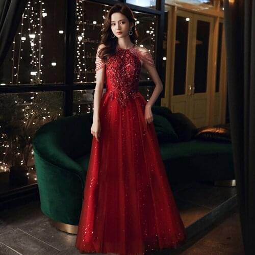 Sexy Wedding Toast Dress Backless Evening Dress Wine Red Short Sleeve Beading Long Evening Dresses Elegant Formal Dress