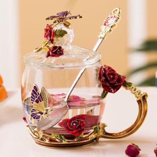 Glass Coffee Mug Rose Carving Drinking Glasses European Crystal Glass Tea Cups Creativity Household Mug for Tea Large with Spoon