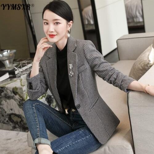 High-end Quality Womens Suit Fashion Lattice Temperament Slim Long-sleeved Ladies Office Jacket Blazer Temperament Coat