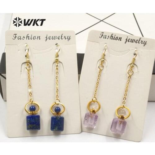WT-E581 New!!! Perfume Bottle Earring Natural Stone Earring Yellow/Smokey Quartz Lapis With Gold Electroplated Long Earring