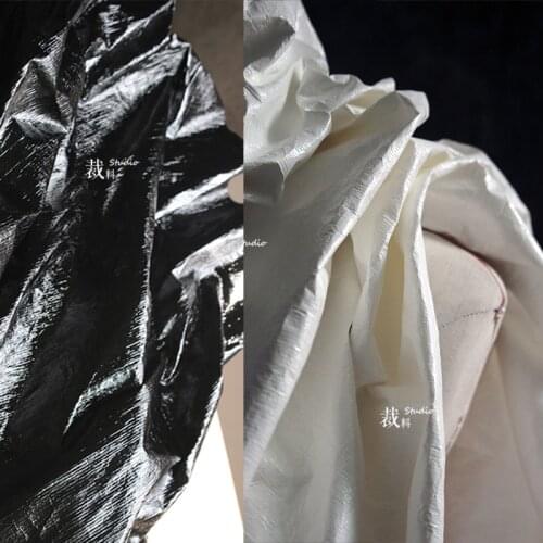 Bright Tear-Proof Paper Black and White Pleated Texture Dugang Paper Trench Coat Waterproof Cloth Clothing Designer Fabric