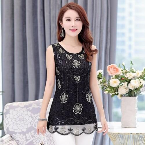 Women Blouses 2018 Casual Elegant Floral Blouse Slim Sleeveless Flower Beading Blusas Feminina Tops Shirts Plus Size