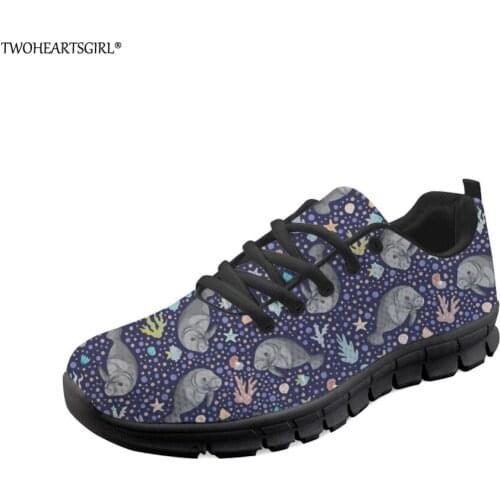 Twoheartsgirl Women Mesh Flats Manatee Printed Ladies Light Breathable Sneakers Women Casual Comfortable Walking Flats Shoes