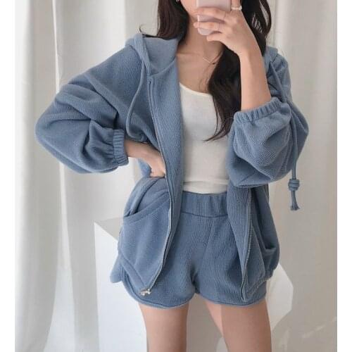 Hoodies Cardigan Fleece Shorts Suit WomenS Clothing Autumn Winter Sweatshirts Coat Sports Suits Set 2 Pieces Female