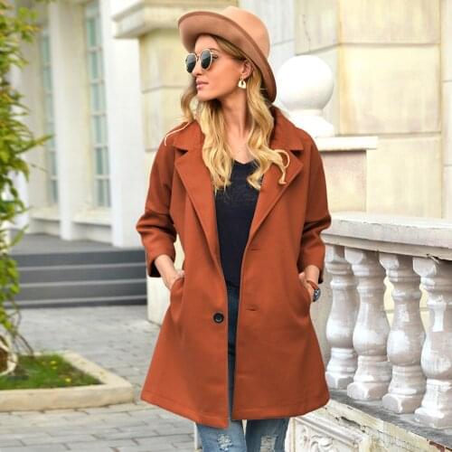 Winter Womens Coat 2020 Fashion Solid Color Turn-Down Collar Three Quarter Sleeve Button Pocket Casual Long Outwear