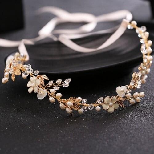 Gold Leaves Pearls Headband Brides Hand-made Head Chain Flowers Bridal Hair Sash Wedding Accessory SQ0265