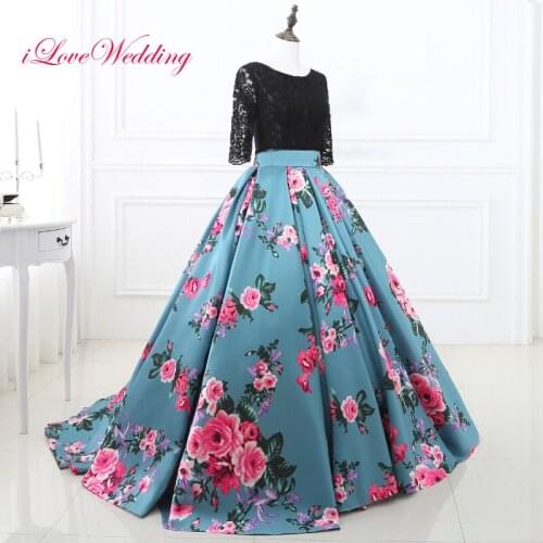 New Arrival Ball Gowns Satin Printed Prom Dresses with Lace Half Sleeve Backless Bandage Long Prom Gowns