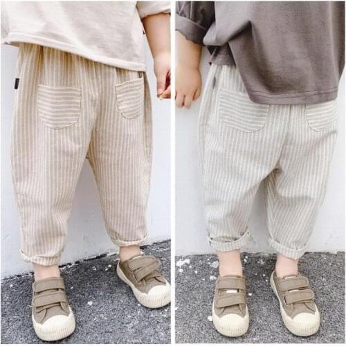2020 Spring Autumn Clothes Cotton Striped Baby Boys Girls Pants Pockets Pure Color Kids Casual Trousers Children Harem Pants