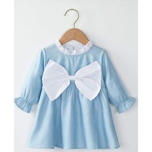 Kids Girl Big Bow Denim One-Piece Dress Contrast Color Round Neck LongSleeve Cotton Princess Dress Daily Life And Holiday Blue