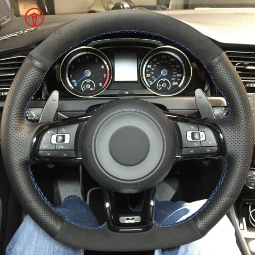 LQTENLEO Steering Wheel Cover Black Genuine Leather Suede for Volkswagen Golf 7 GTI Golf R MK7 VW Polo GTI Scirocco 2015 2016