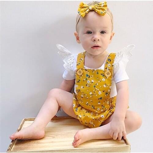 Childrens clothing summer girls new solid color flying sleeve romper yellow floral suspender triangle romper two-piece suit