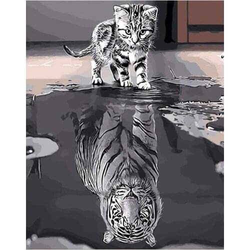 Diy Oil Painting Paint By Numbers Kits On Canvas for Adults & Kids Home Wall Decor Animal Art Work - Cat and Tiger, 16"x 20" Inc