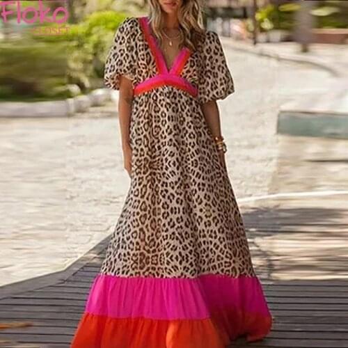 Flokocloset Sexy Deep V-Neck Leopard Print Color Matching Long Dress Casual Lantern Sleeve Party Birthday Maxi Dresses
