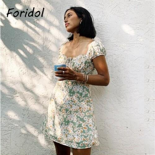 Foridol Sunflower Lace Up Beach Summer Dress Green Vintage Floral Print Boho Short Mini Dress Puff Sleeve Womens Dress