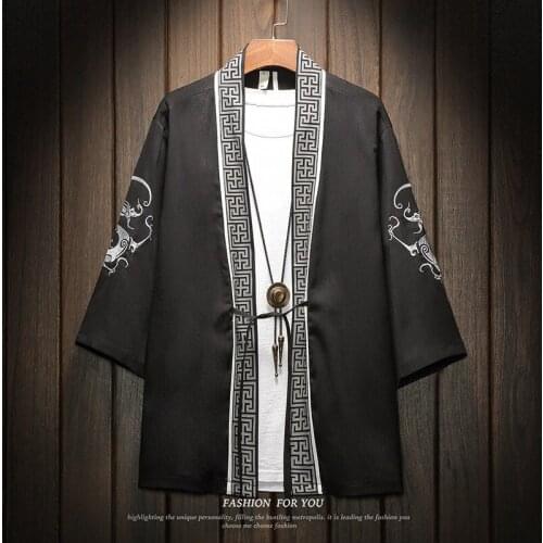 White Black Chinese Style Dragon Embroidered Cardigan Air Conditioning Oriental Costume Mens Japanese Kimono Zen Tunic Jackets