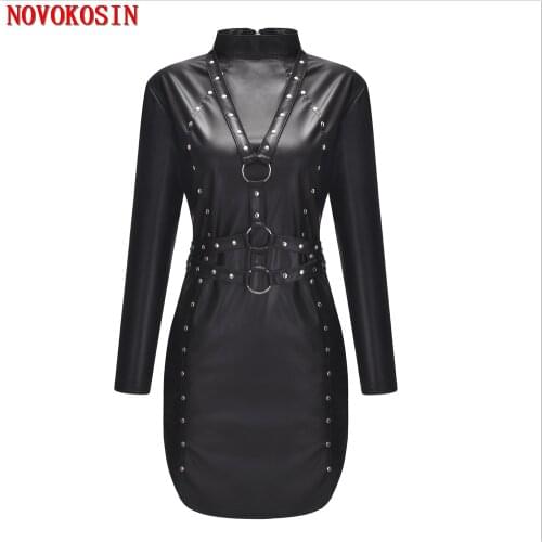 KH72 M-2XL 2020 High Neck Sexy Faux Leather Rivets Belts Dress Women Night Club Cosplay Pole Dance Iron Ring Erotic Costumes