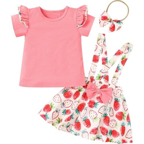 3Pcs Summer Children Clothing Fashion Short Sleeve T-shirt+Strawberry print Skirt Clothing Set Kids Girl Clothes Sets
