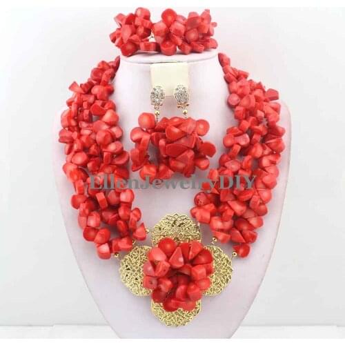 Handmade Statement Necklace Nigerian Wedding Coral beads Jewelry Sets Chunky Beaded necklace Bridal african beads Jewelry sets