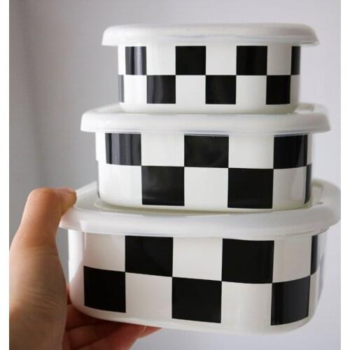 Black and White Grid Fresh-keeping Box Enamel Sealed Refrigerator Storage Box Home Kitchen Supplies Ice Cup Storage Jar